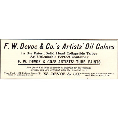 F.W. Devoe & Co's Artists Colors Chicago Kansas City c1905 Victorian Ad AE9-MA1