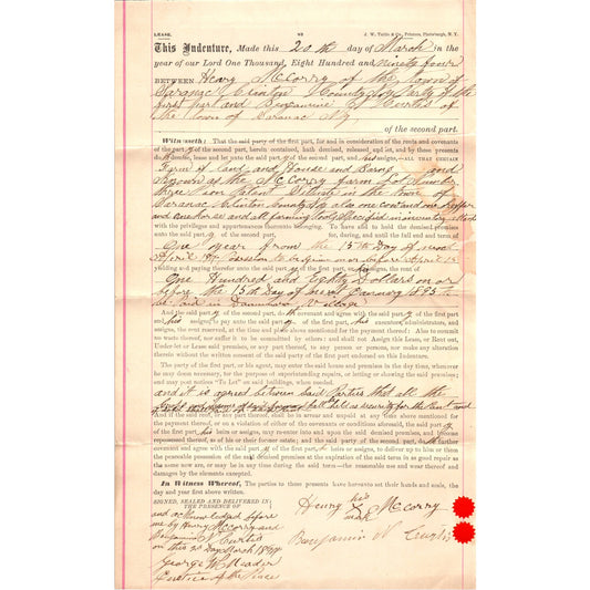 1894 Indenture Lease Henry McCorry to Benjamin N. Curtis Saranac NY  AF7-E6