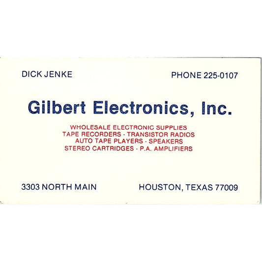 Gilbert Electronics Dick Jenke Houston Texas Vintage Business Card SF3-B7