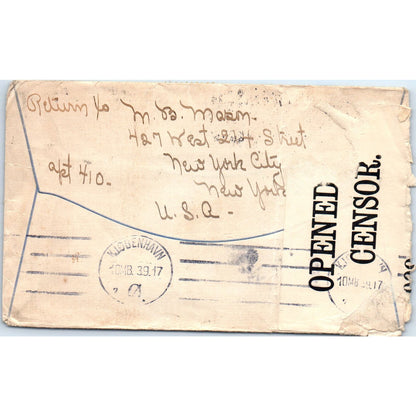 1917 New York City Copenhagen Denmark Carl Johansgade Postal Cover Envelope AE7
