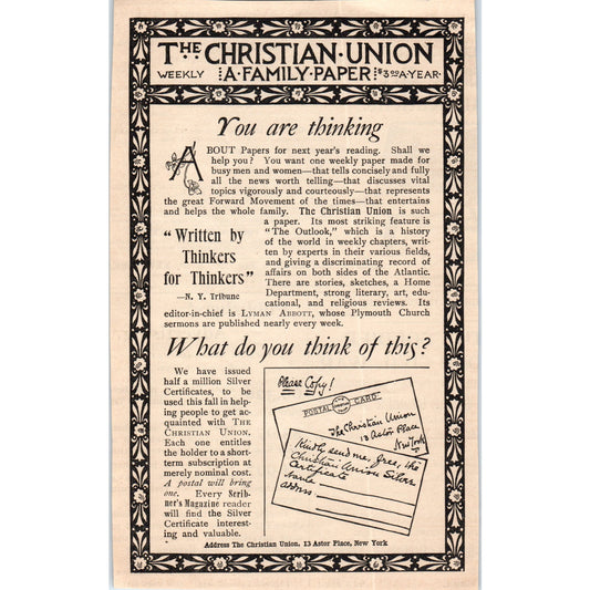 The Christian Union Family Paper 1892 Magazine Ad AB6-SL1