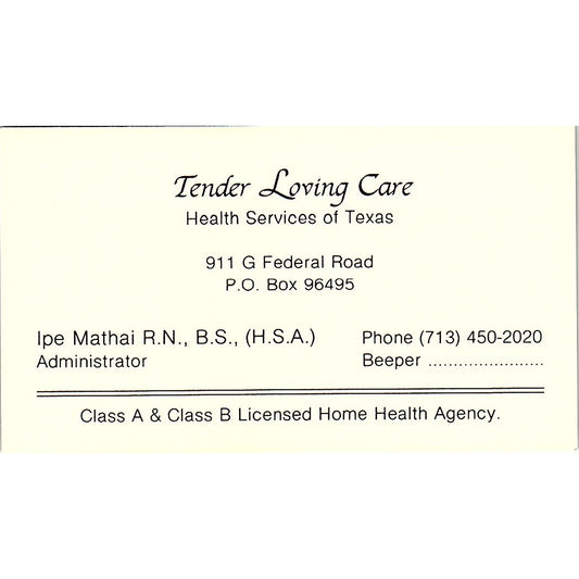 Ipe Mathai RN Tender Loving Care Health Services Houston Business Card SD9-B7