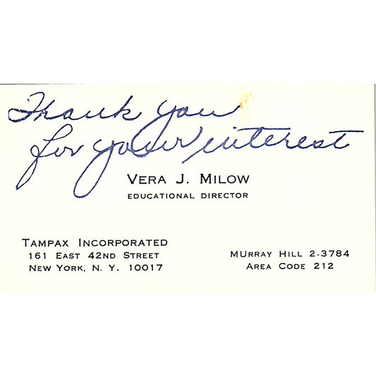 Tampax Incorporated Vera J. Milow New York Vintage Business Card SB4-B2