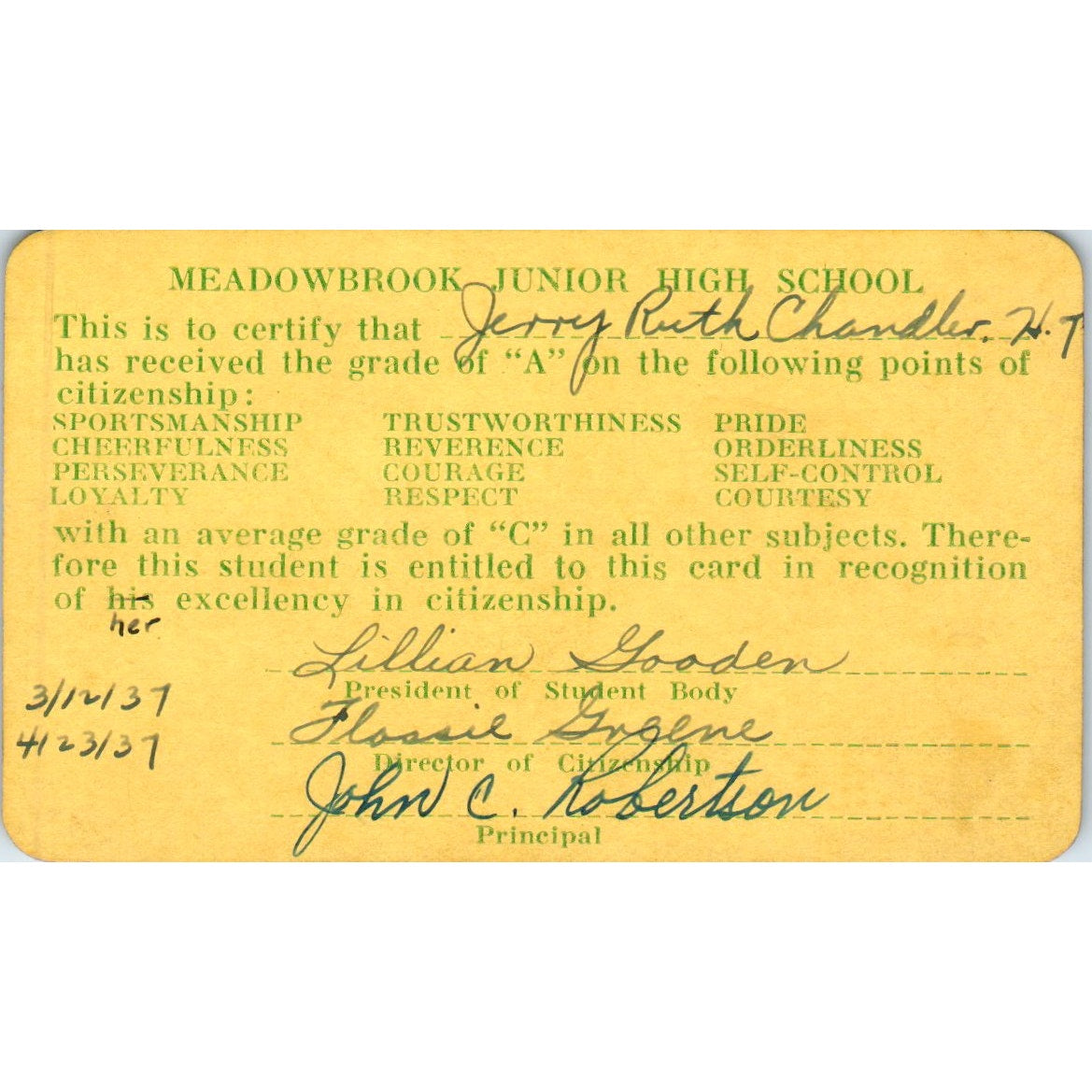 1937 Meadowbrook Junior High School Fort Worth Card Jerry Ruth Chandler AB8-RS1
