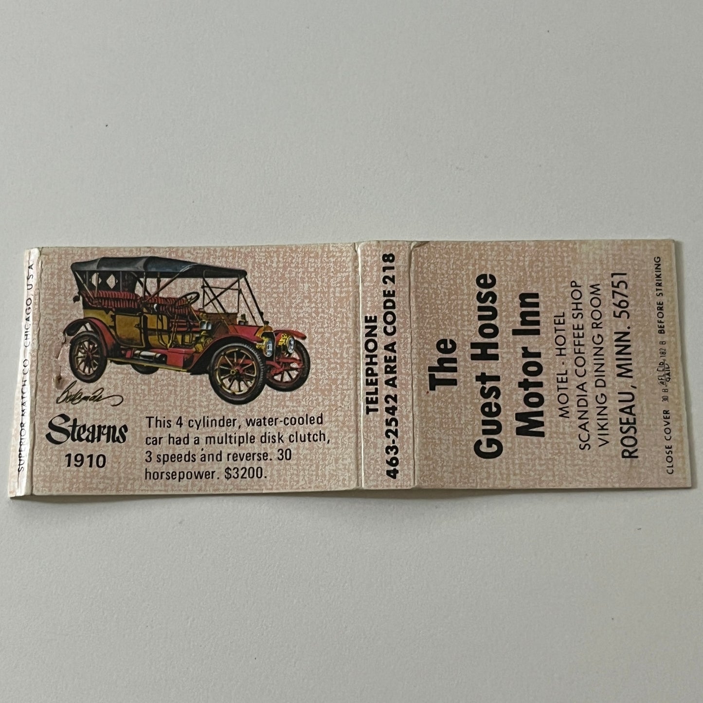 The Guest House Motor Inn Roseau MN Vintage Matchbook TB6-MB2-11