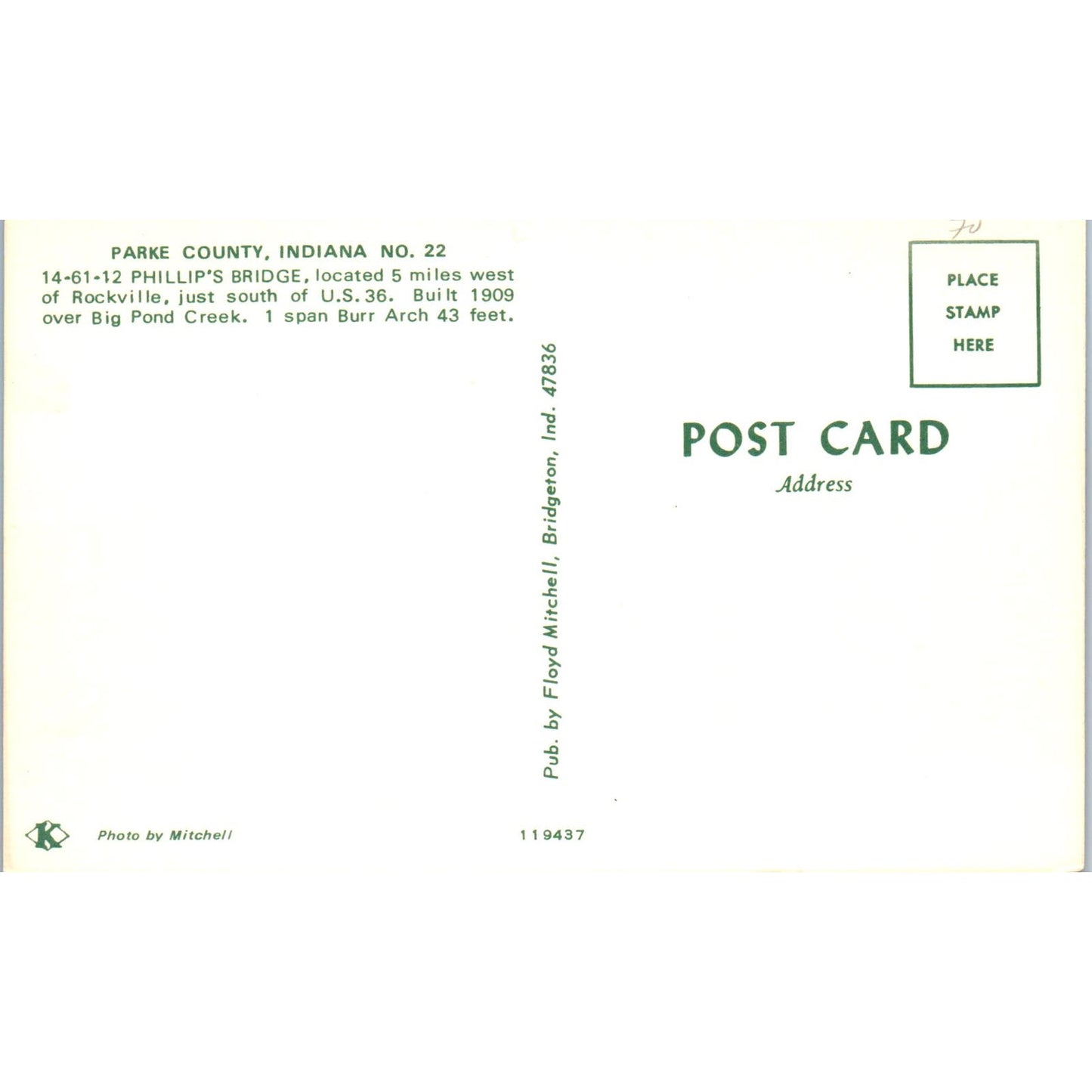 Parke County Indiana #22 Phillips Bridge Covered Bridge Postcard PC6