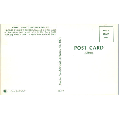 Parke County Indiana #22 Phillips Bridge Covered Bridge Postcard PC6