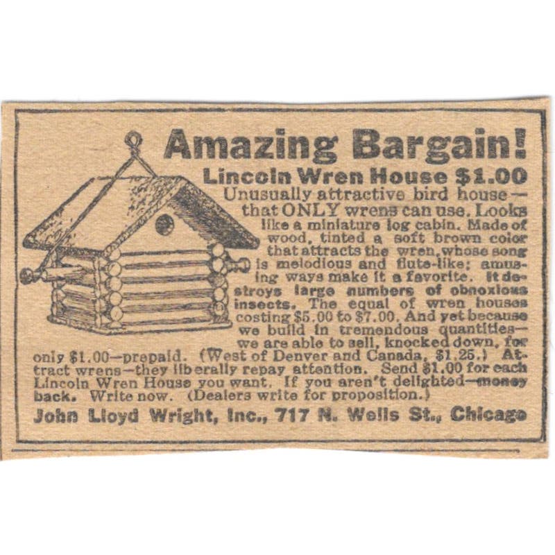 John Lloyd Wright Inc Chicago Log Wren Bird House 1923 Magazine Ad Clip AE1-7