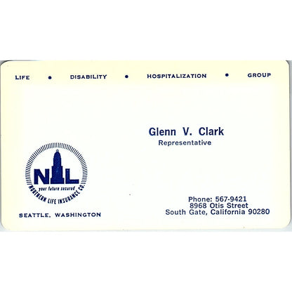 1967 Glenn V Clark Northern Life Seattle Southgate Vintage Business Card TH2-B1