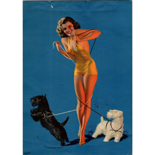 c1950 Rolf Armstrong Pinup Girl with Scotty Dogs Print Litho 7.5x10.5" B16