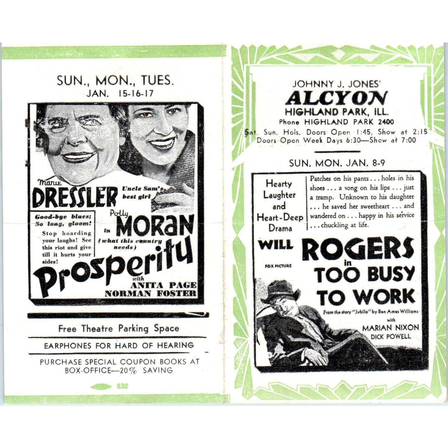 c1932 Johnny J. Jones Alcyon Theatre Program Will Rogers Too Busy to Work AB9