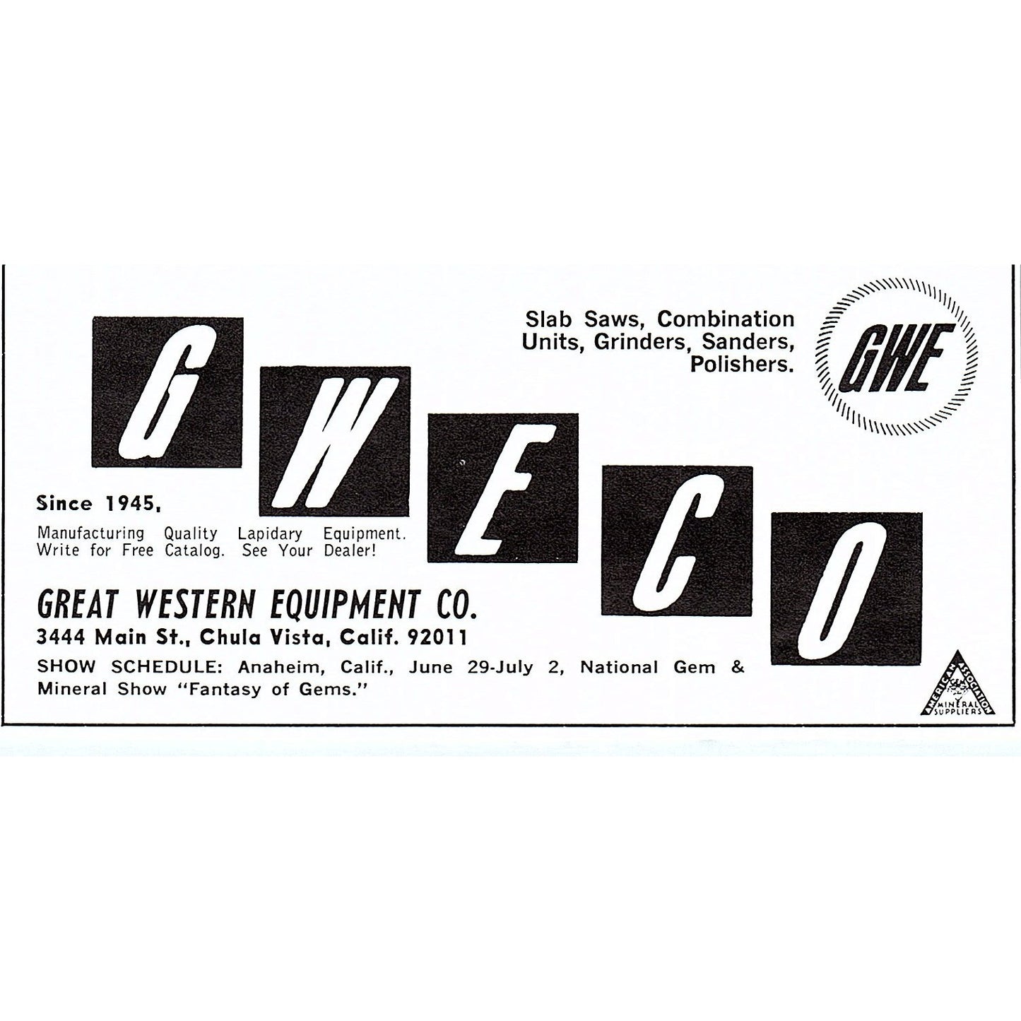 Great Western Equipment Co Lapidary Chula Vista CA 1972 Ad AF8-M4