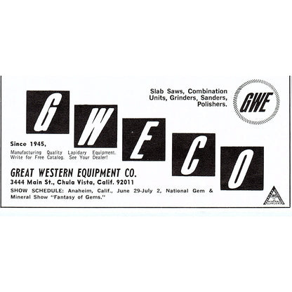 Great Western Equipment Co Lapidary Chula Vista CA 1972 Ad AF8-M4