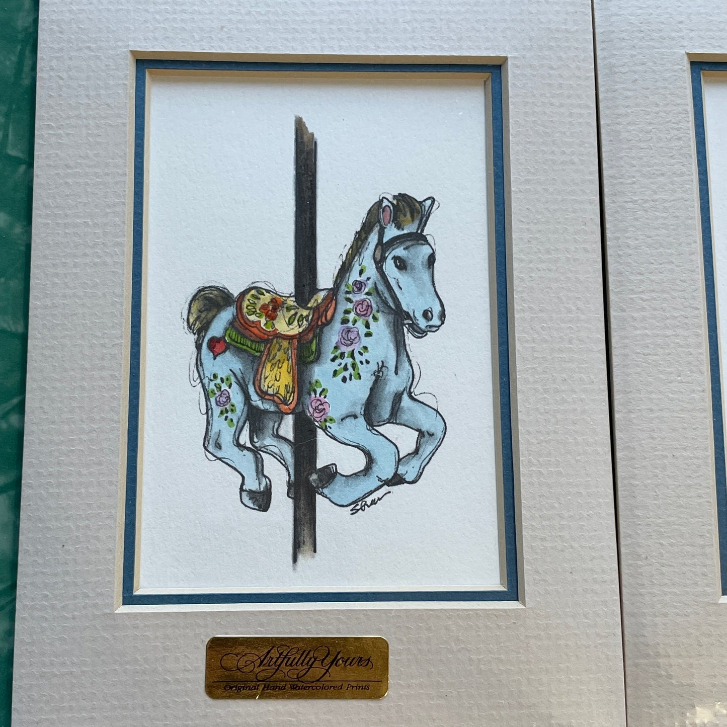 Blue Carousel Horse 5x7 Matted Print Hand Watercolor, Signed Shar Coulson