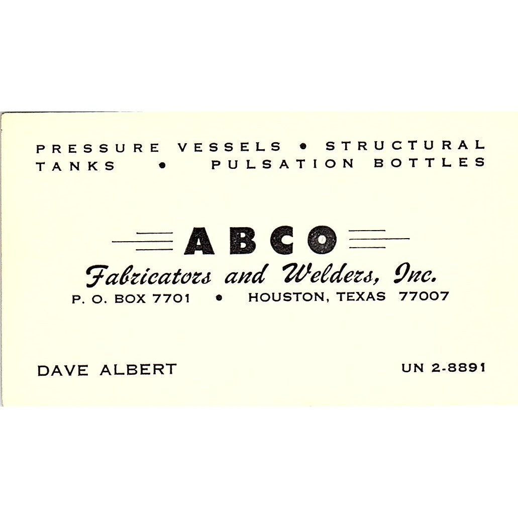 Dave Albert ABCO Fabricators & Welders Houston Vintage Business Card SE5-B2
