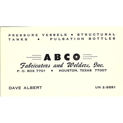 Dave Albert ABCO Fabricators & Welders Houston Vintage Business Card SE5-B2