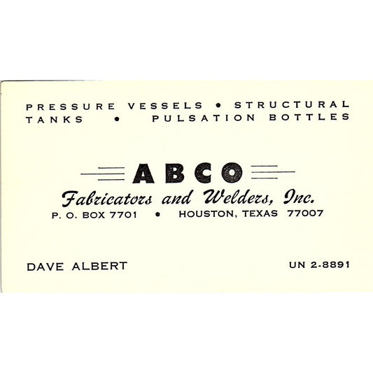 Dave Albert ABCO Fabricators & Welders Houston Vintage Business Card SE5-B2