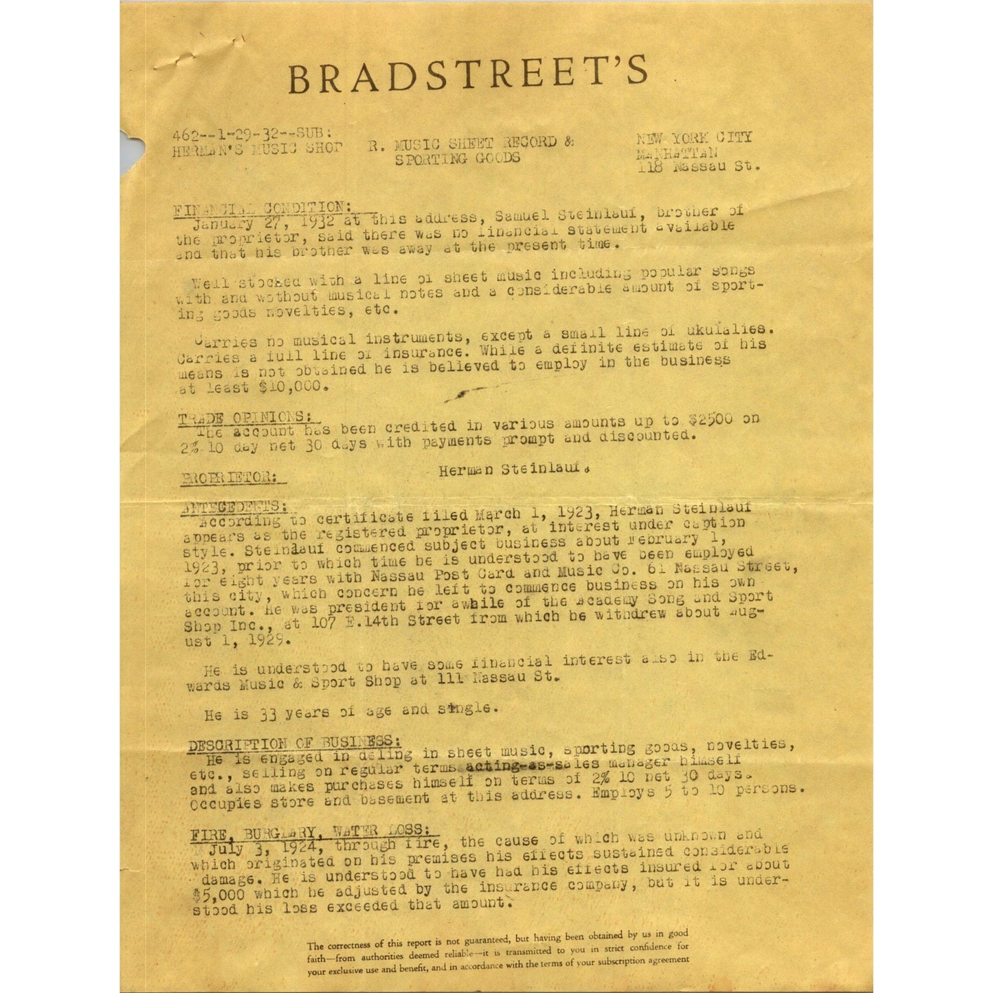 1932 Bradstreet's Business Report on Herman's Music Shop Manhattan NY C30