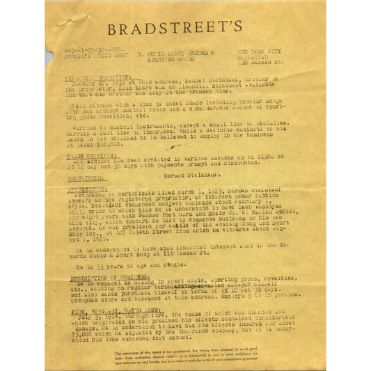 1932 Bradstreet's Business Report on Herman's Music Shop Manhattan NY C30