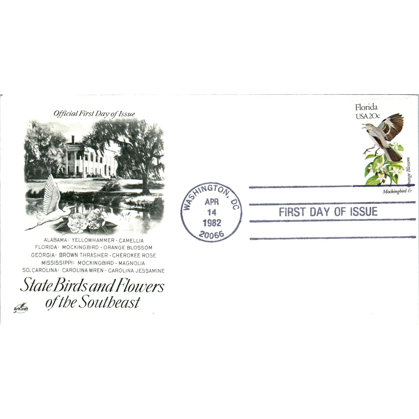 Florida 1982 State Birds & Flowers of The Southeast First Day Issue TJ5-PC3