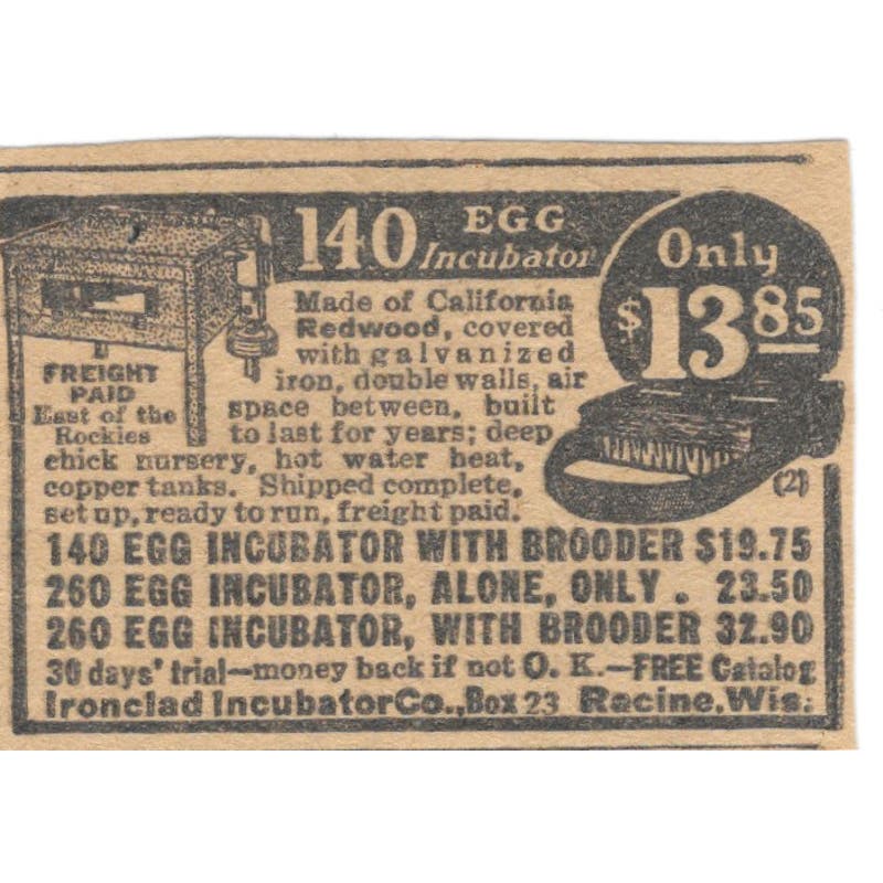 Ironclad Incubator Co Racine WI Egg Incubators 1923 Magazine Ad Clip AE1-6