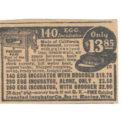 Ironclad Incubator Co Racine WI Egg Incubators 1923 Magazine Ad Clip AE1-6