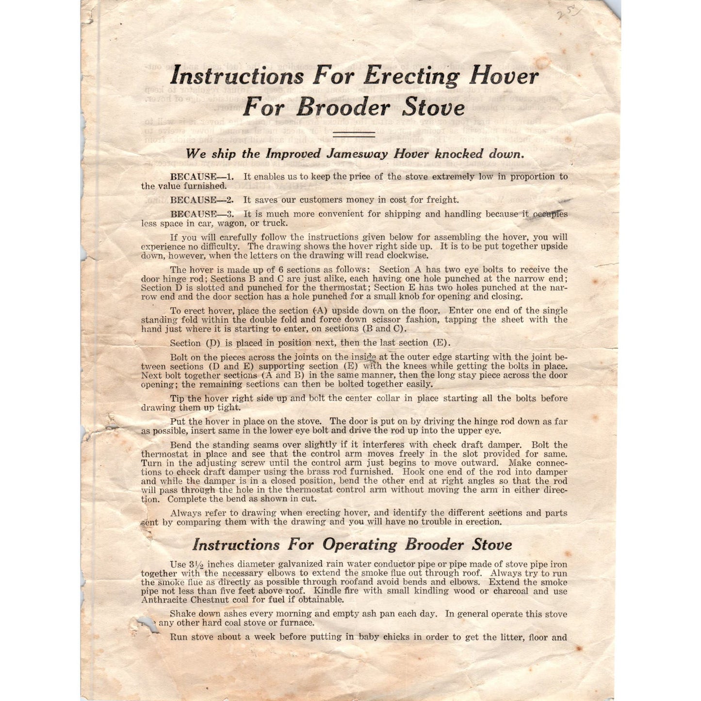 Vintage Instructions for Jamesway Hover for Brooder Stove James Mfg Co 10