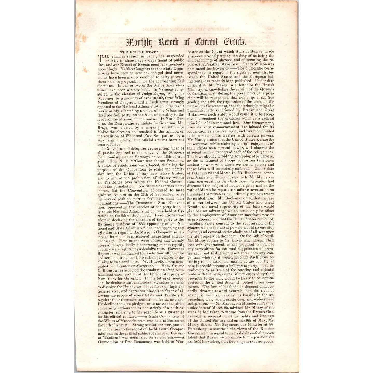 Fugitive Slave Law Repeal Monthly Current Events 2 Pages 1854 Article I19