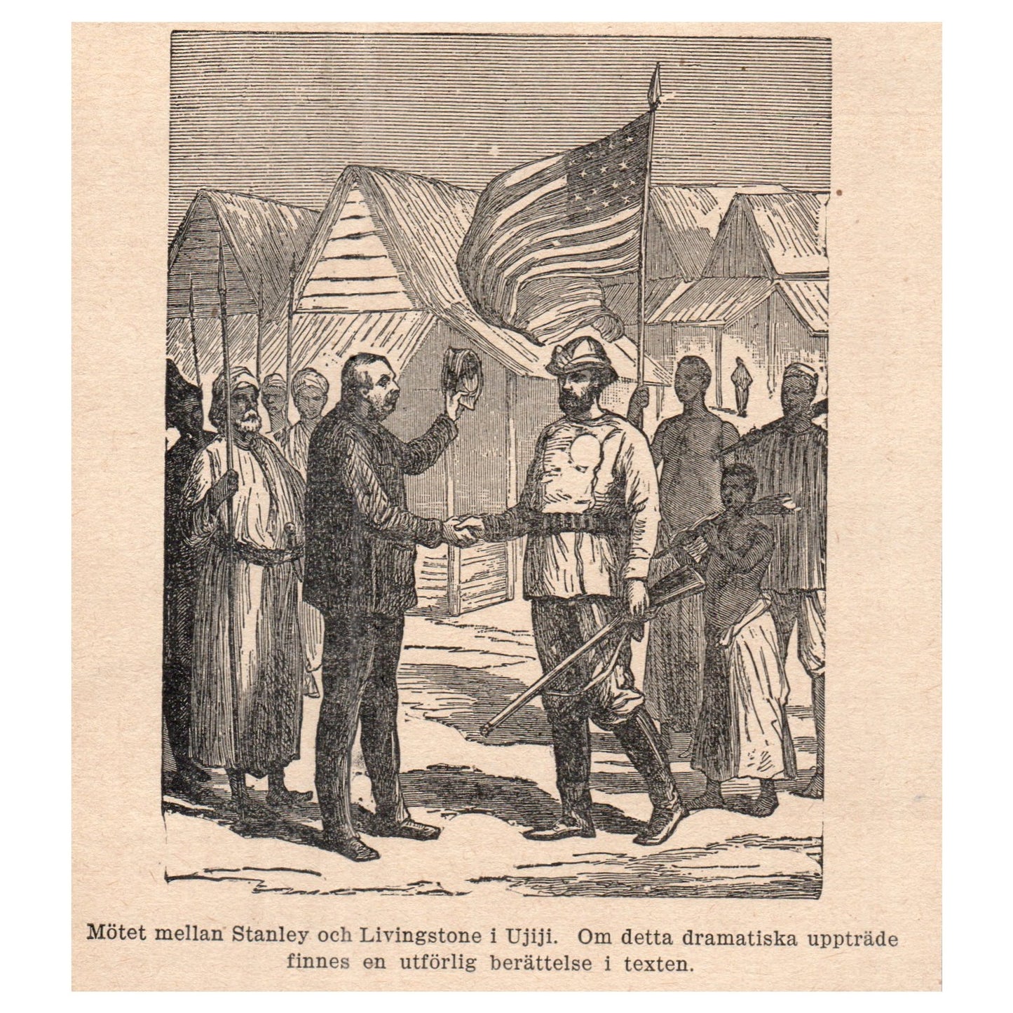 Meeting between Stanley and Livingstone at Ujiji 1909 Swedish Engraving AF5-15