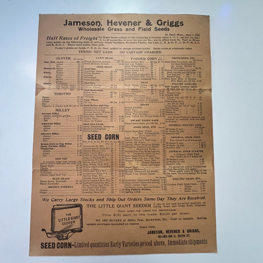 1912 Jameson, Hevener & Griggs Wholesale Seed Price List St. Paul MN K23