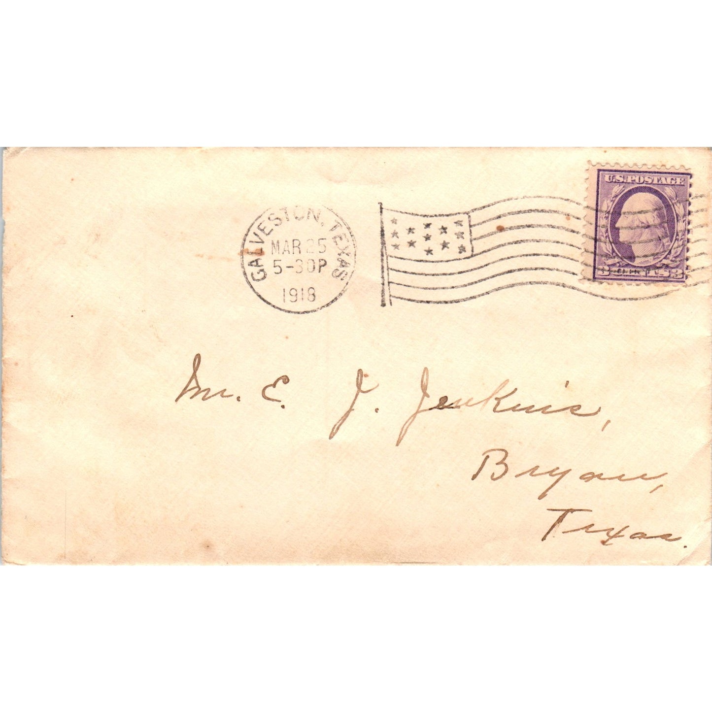 1916 Galveston to E.J. Jenkins Bryan Texas Postal Cover Envelope TG7-PC2