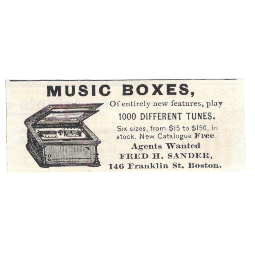 Fred H. Sander Music Boxes Boston MA c1890 Victorian Ad AE9-CH1