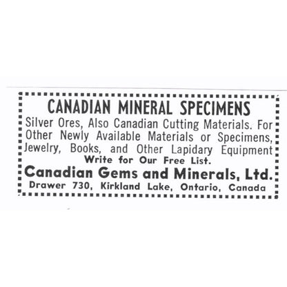 Canadian Gems and Minerals Ltd Kirkland Lake Ontario Canada 1972 Ad AF8-S6