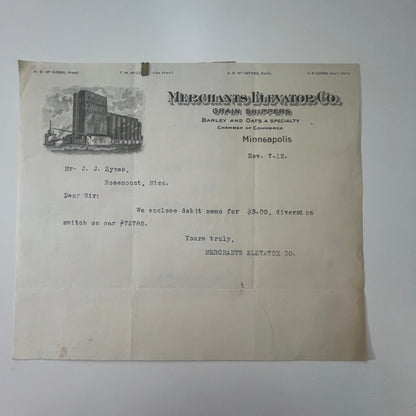 1912 Merchants Elevator Co Grain Shippers Minneapolis MN Letterhead & Stub K3