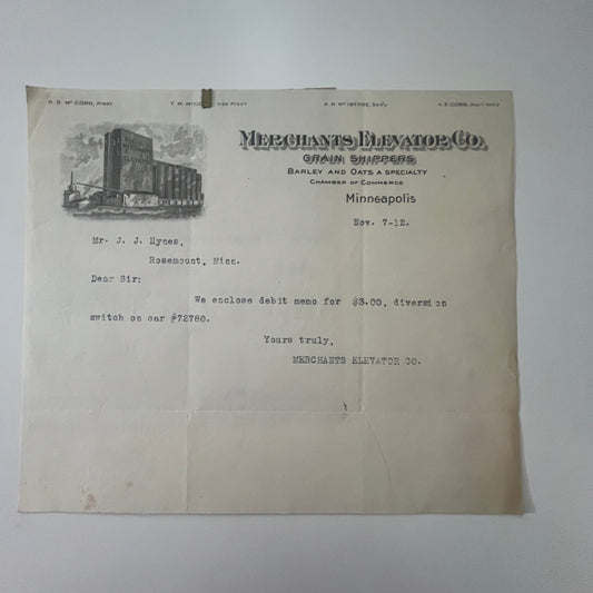 1912 Merchants Elevator Co Grain Shippers Minneapolis MN Letterhead & Stub K3