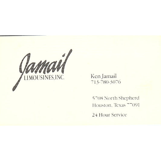 Jamail Limousines Inc. Ken Jamail Houston Texas Vintage Business Card SB4-B5