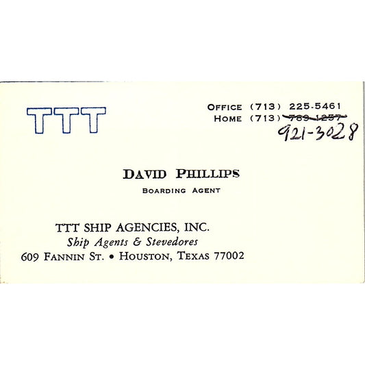 TTT Ship Angencies David Phillips Houston Texas Vintage Business Card SB4-B11