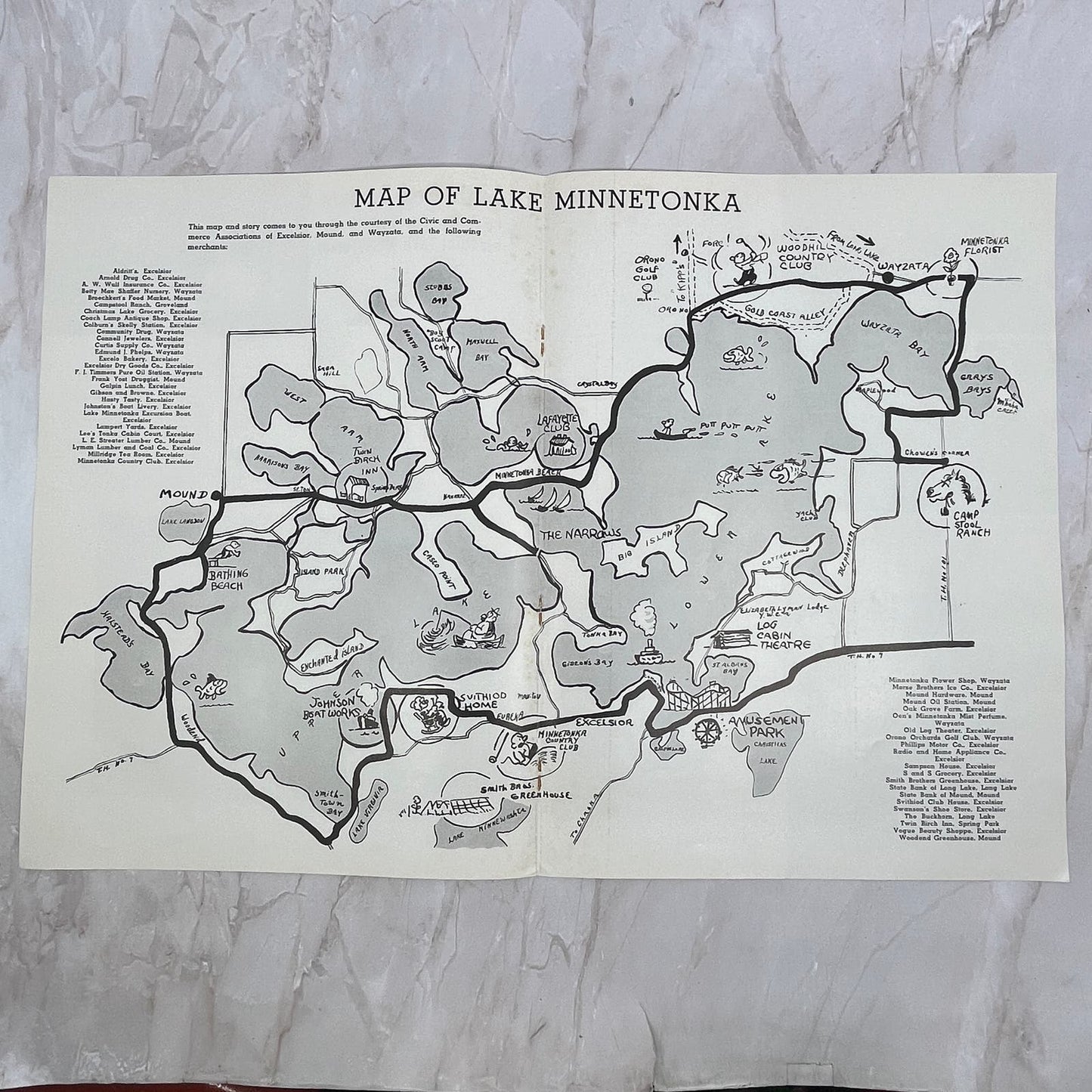 Map of Lake Minnetonka Illustrated With Local Businesses 1940 Fold Out D17