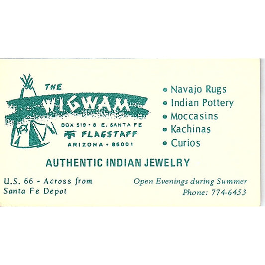 The Wigwam Authentic Indian Jewelry Flagstaff  Arizona Business Card SF3-B6
