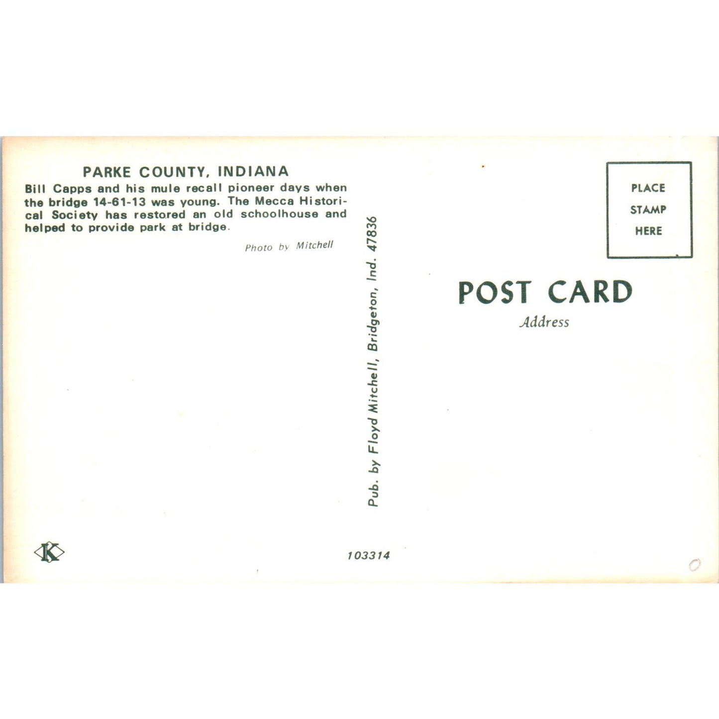 Parke County Indiana 14-61-13 Vintage Covered Bridge Postcard PC14