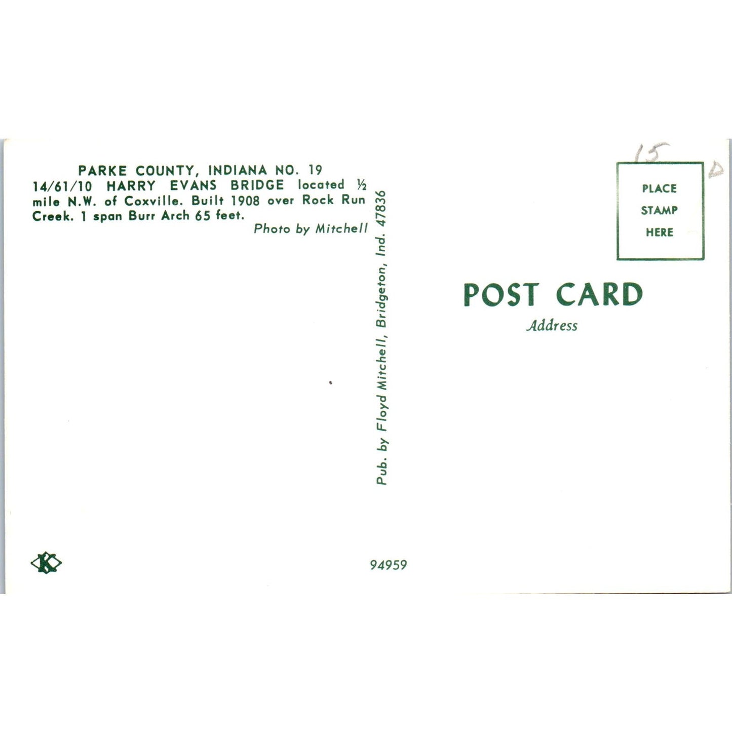 Parke County Indiana #19 Harry Evans Covered Bridge Postcard PC8