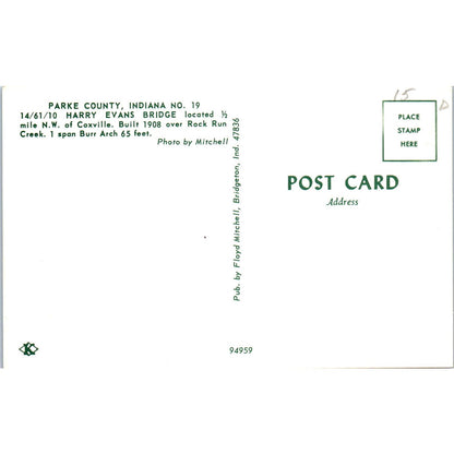 Parke County Indiana #19 Harry Evans Covered Bridge Postcard PC8