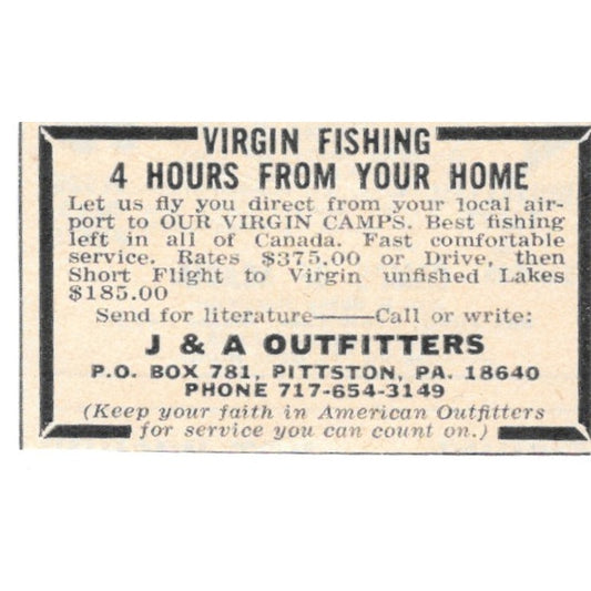 J&A Outfitters Virgin Fishing Pittston PA 1977 Ad AF6-S4