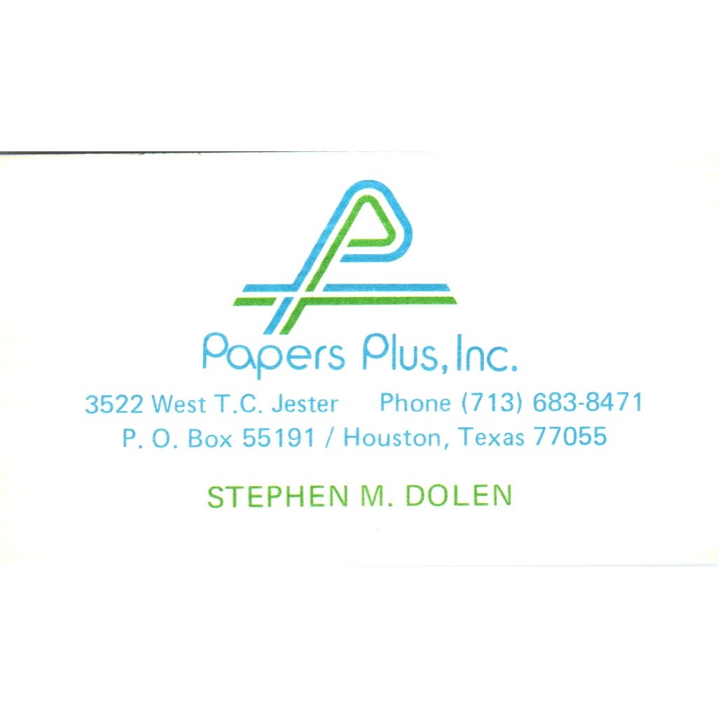 Stephen M. Dolen Papers Plus Inc Houston TX Vintage Business Card SE3-B4