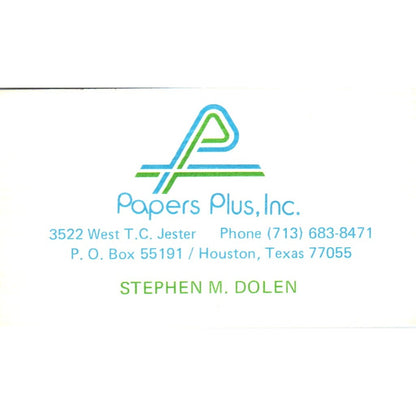 Stephen M. Dolen Papers Plus Inc Houston TX Vintage Business Card SE3-B4