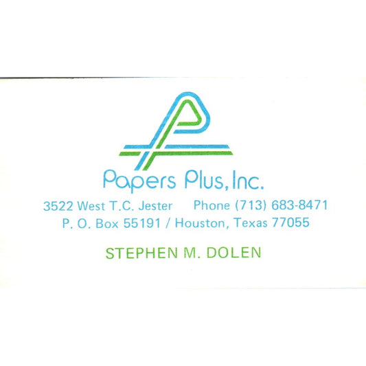 Stephen M. Dolen Papers Plus Inc Houston TX Vintage Business Card SE3-B4