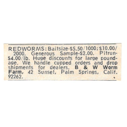 B&W Worm Farm Redworms Palm Springs CA 1977 Ad AF6-S6