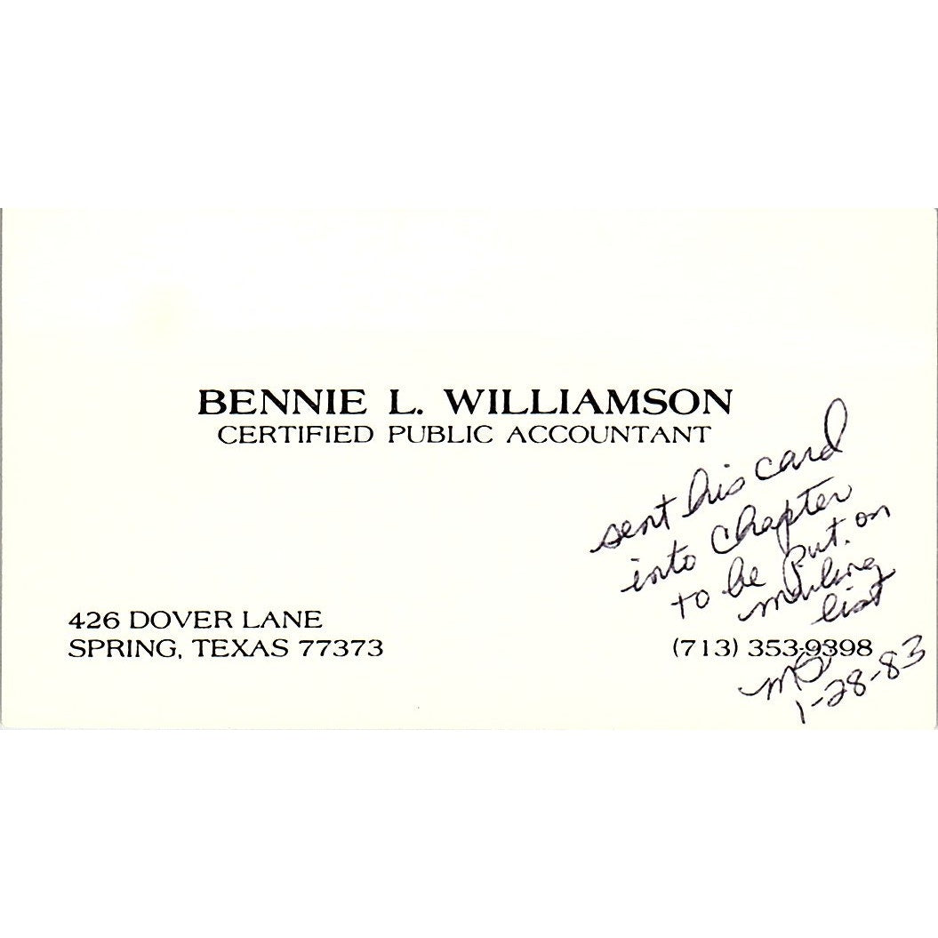 Bennie L Williamson CPA Spring TX Vintage Business Card SD9-B1