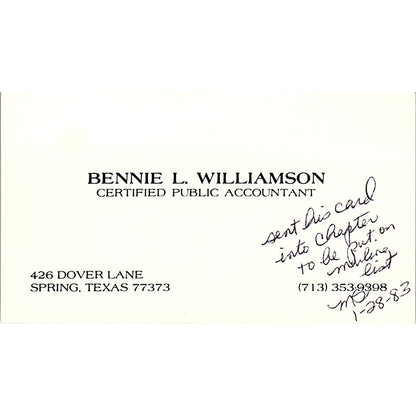 Bennie L Williamson CPA Spring TX Vintage Business Card SD9-B1