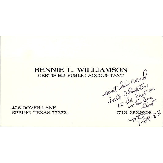 Bennie L Williamson CPA Spring TX Vintage Business Card SD9-B1